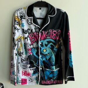Blink-182 Graphic Button-Down Shirt - Black & White with Pink/Blue Print Size S